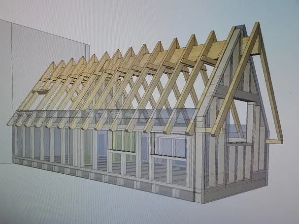 3D Grafik eines Holzbaus
