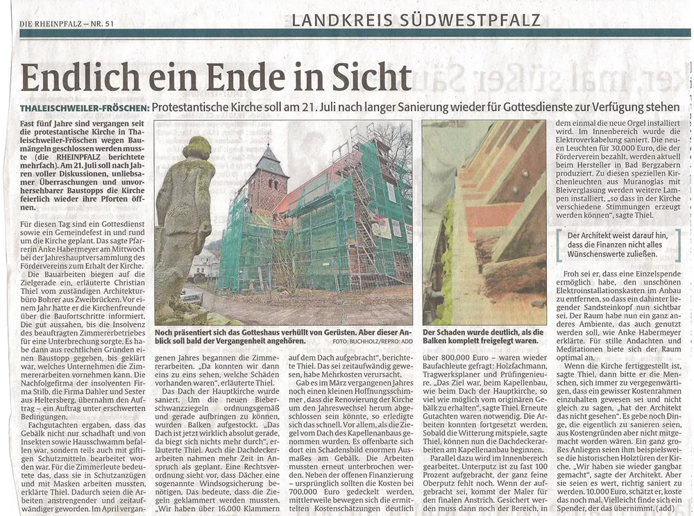 Pressebericht über die Sanierung der protestantischen Kirche